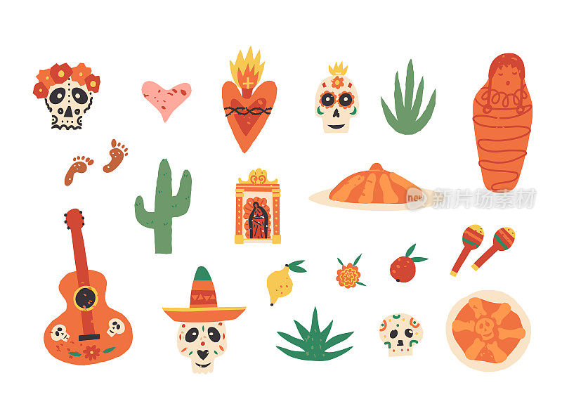Dia De Los Muertos或死亡日矢量剪贴画集合。圣心、亡灵节面包、糖骷髅、吉他、金盏花、沙球等。